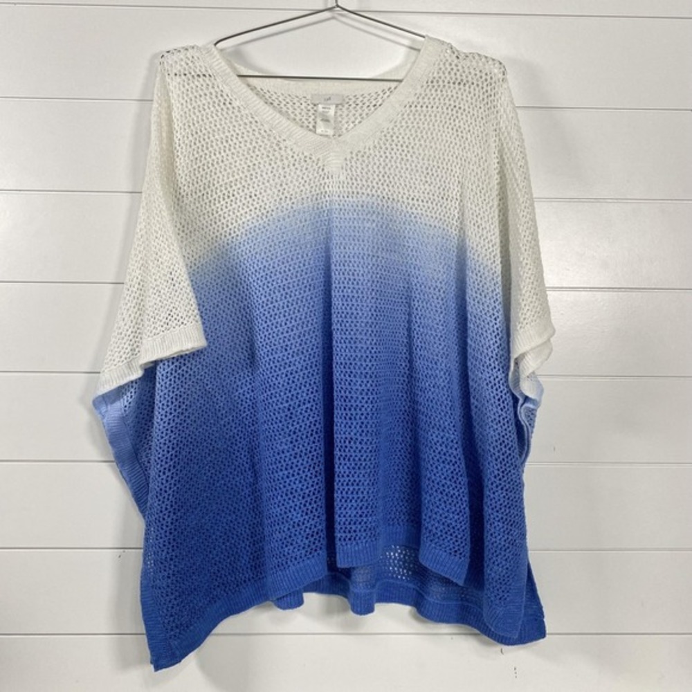 J Jill Sweater Womens One Size‎ White Blue Ombre Mesh Knit Linen Poncho Top